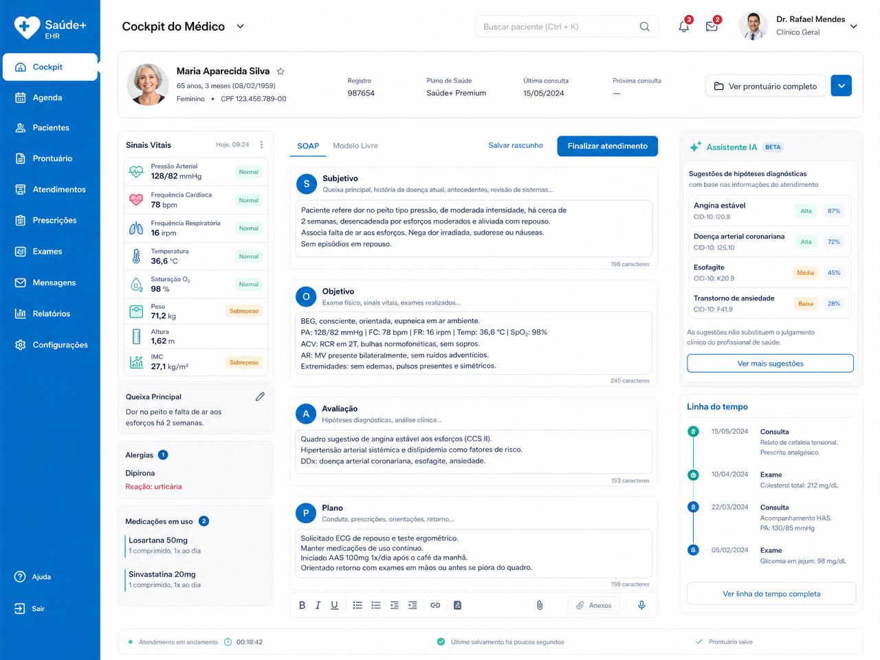Cockpit do Médico no MedClinical: prontuário SOAP com assistente de IA sugerindo hipóteses diagnósticas